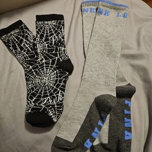 PINK Victoria's Secret Spider Web Black Socks and Gray Blue Lettered Socks